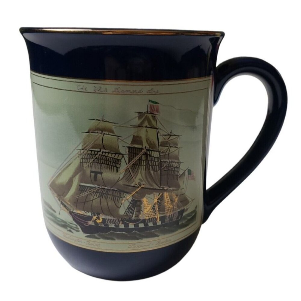 Otagiri Japan Ceramic Mug Ship Design Navy Blue Gold Trim Coffee Cup Boat Design